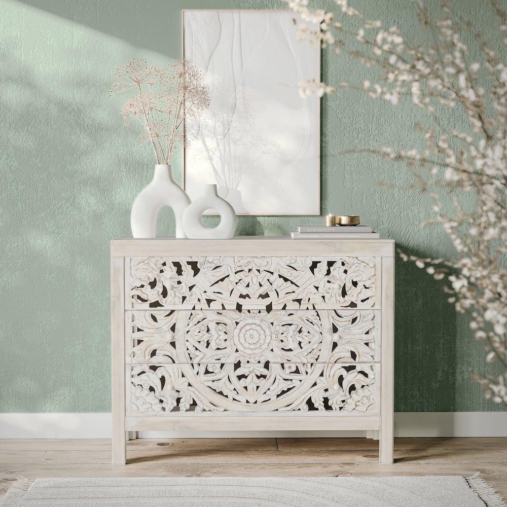 Jolie Rustic Solid Wood Global Boho Hand Carved Accent Chest with Three Drawers. Picture 9