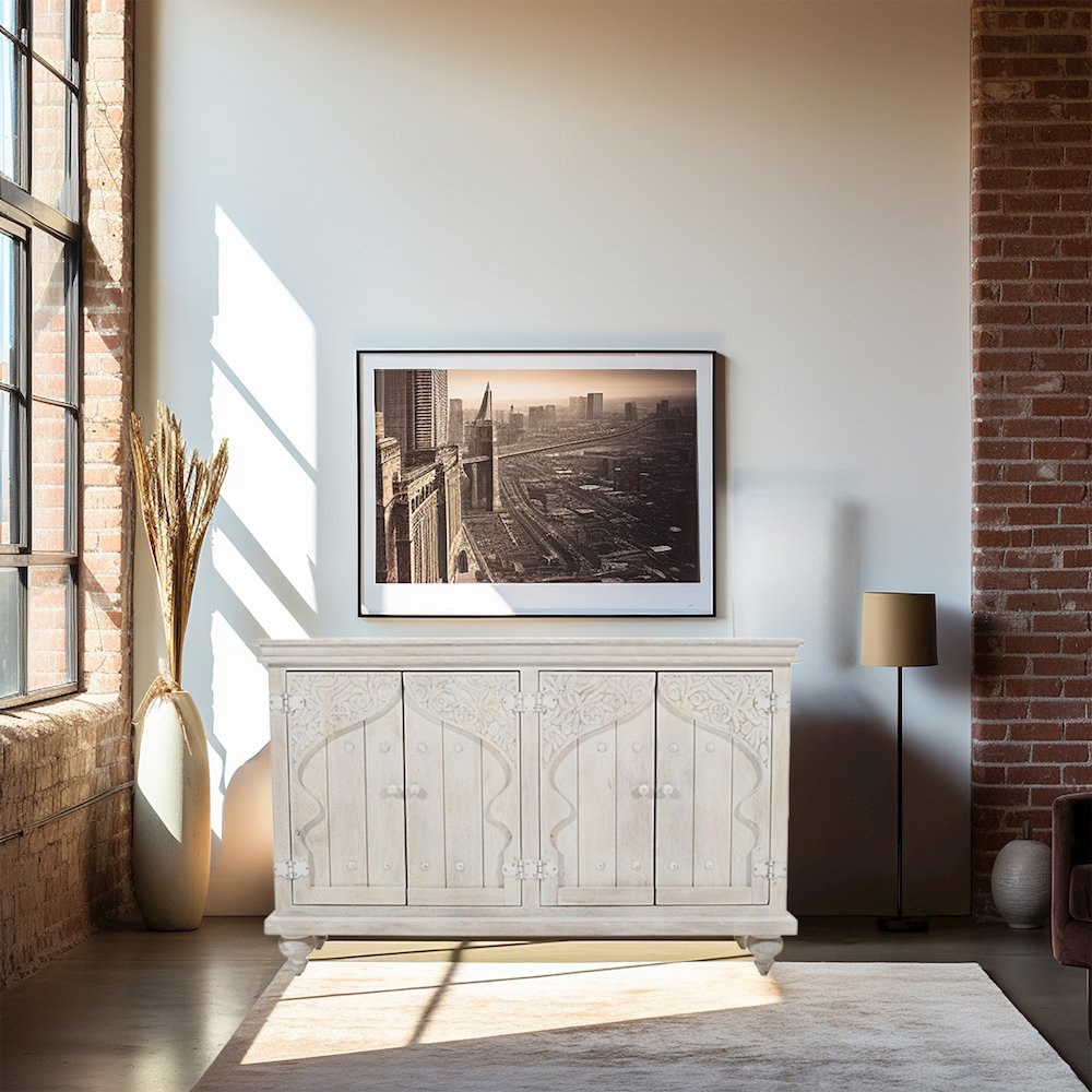Taj 60" Hand Carved Solid Wood Global Bohemian Four-Door Sideboard Cabinet. Picture 9