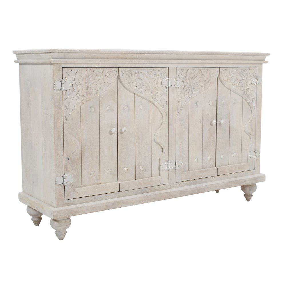 Taj 60" Hand Carved Solid Wood Global Bohemian Four-Door Sideboard Cabinet. Picture 2