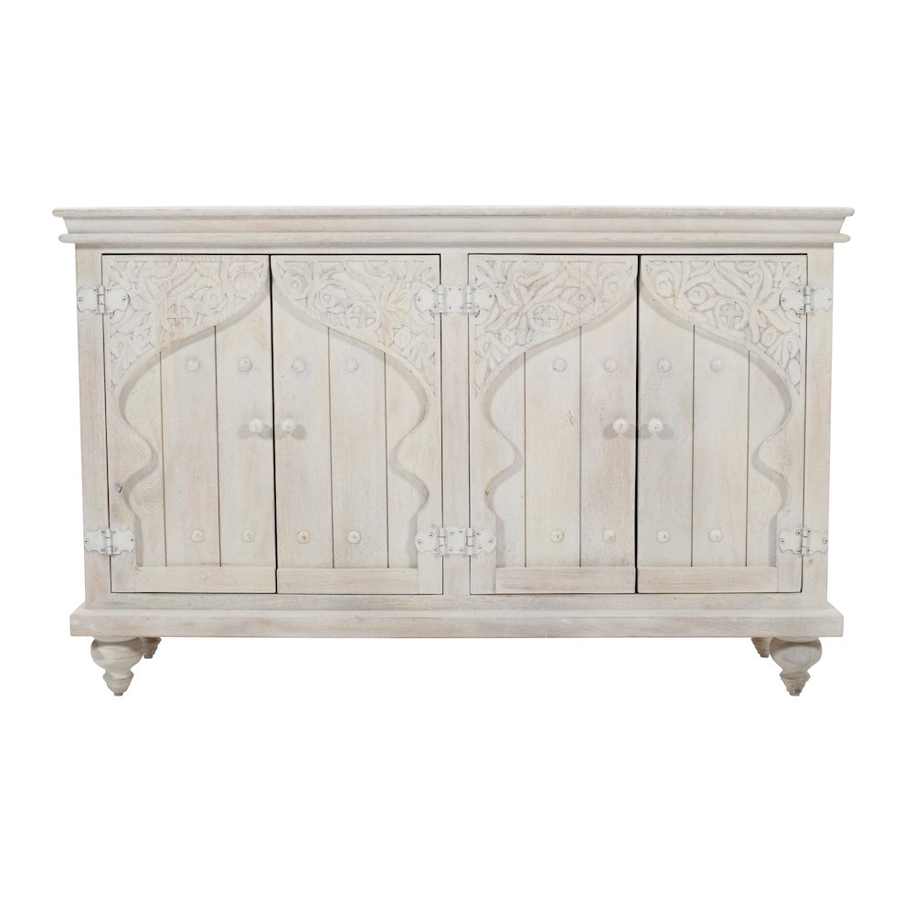 Taj 60" Hand Carved Solid Wood Global Bohemian Four-Door Sideboard Cabinet. Picture 1