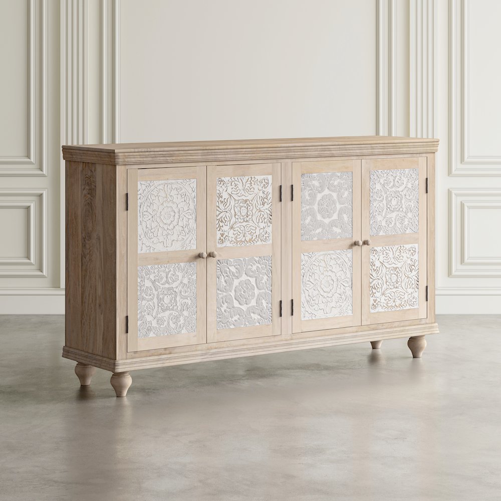 Adele 71" Hand Carved Solid Wood Rustic Four-Door Sideboard Cabinet. Picture 12