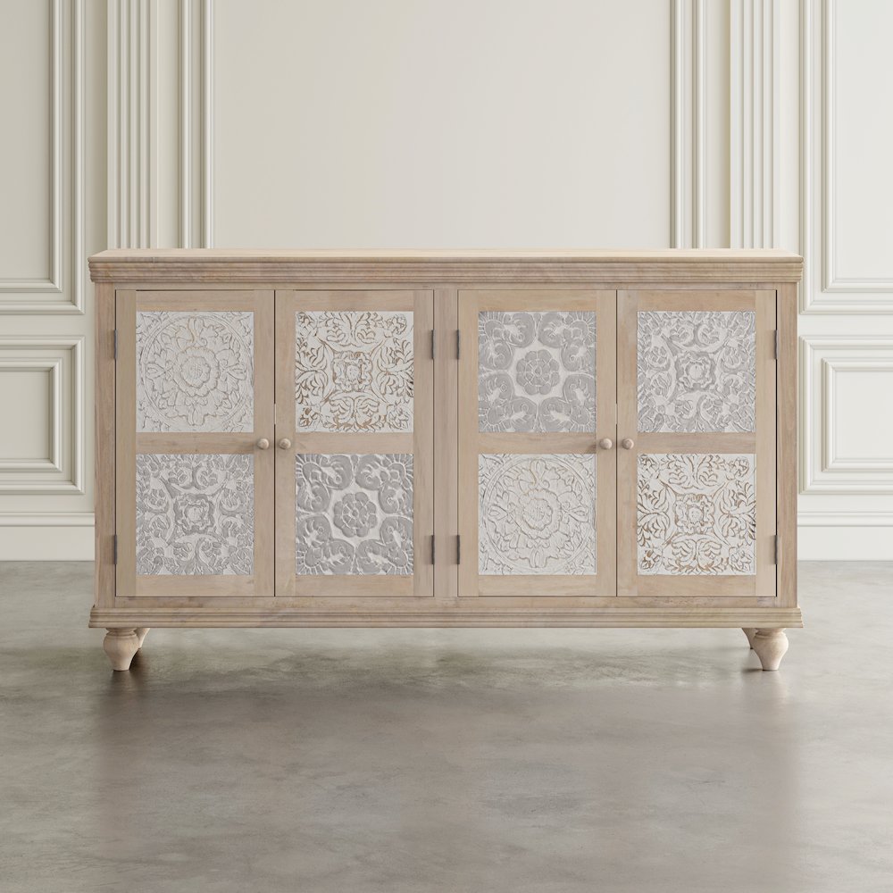 Adele 71" Hand Carved Solid Wood Rustic Four-Door Sideboard Cabinet. Picture 11
