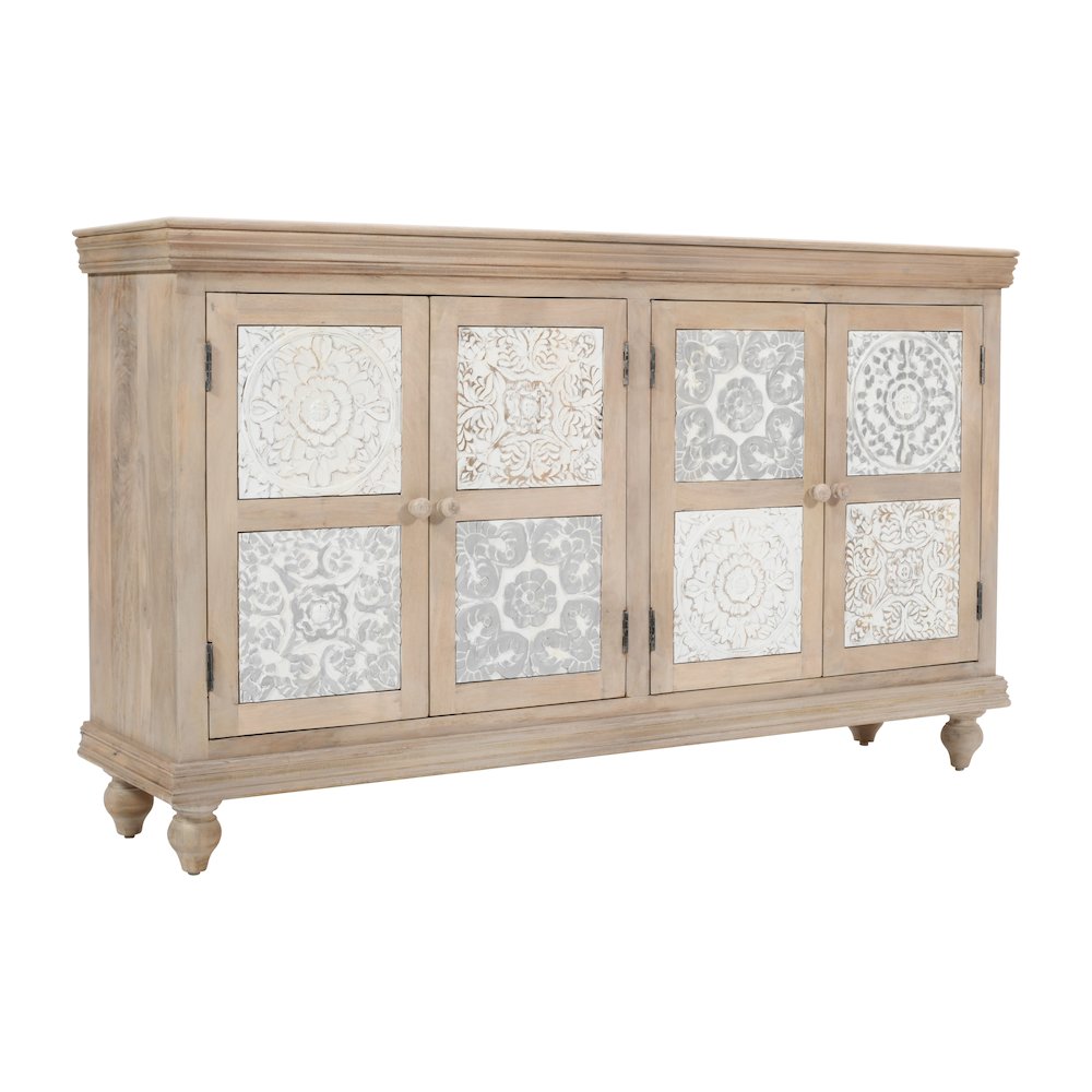 Adele 71" Hand Carved Solid Wood Rustic Four-Door Sideboard Cabinet. Picture 3