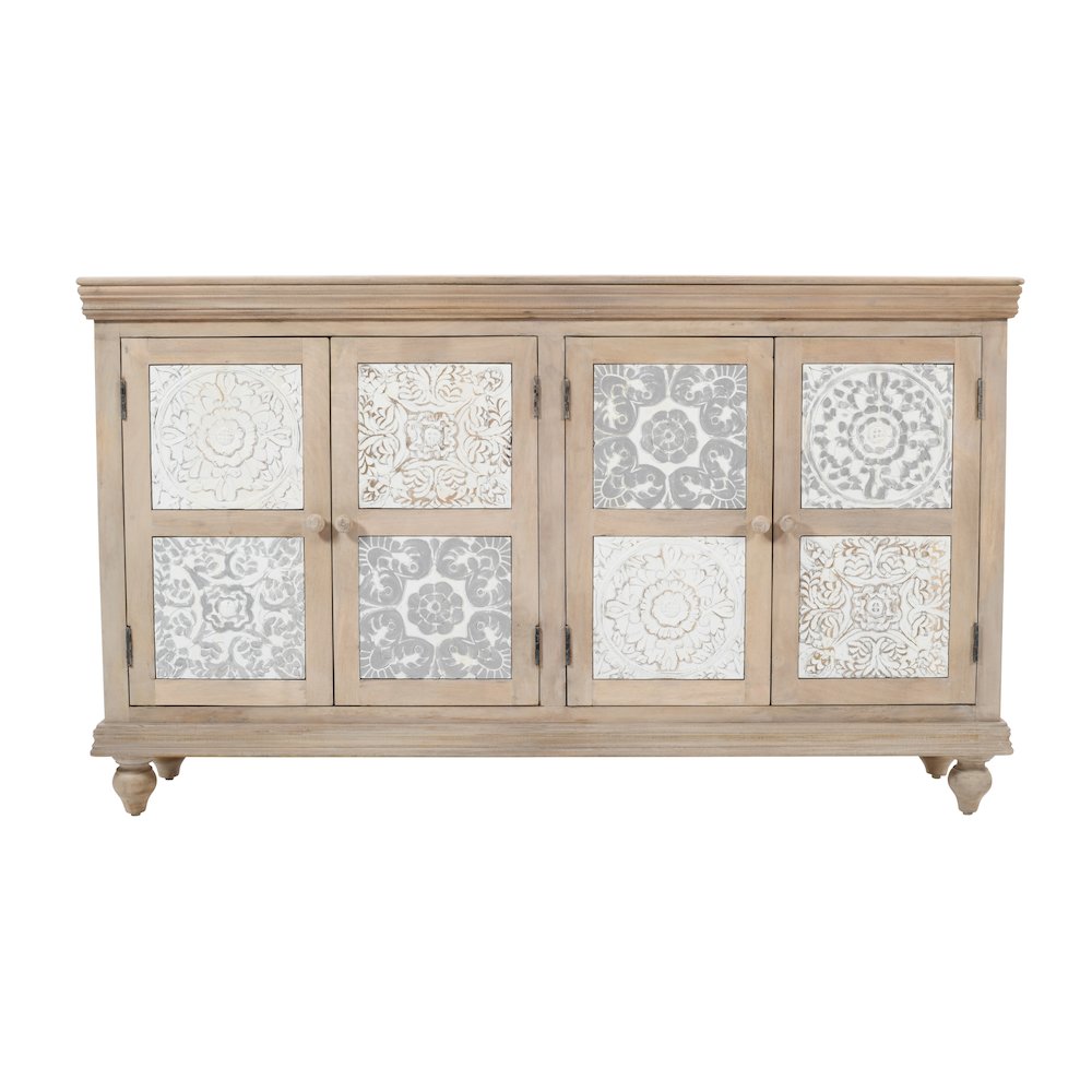 Adele 71" Hand Carved Solid Wood Rustic Four-Door Sideboard Cabinet. Picture 1