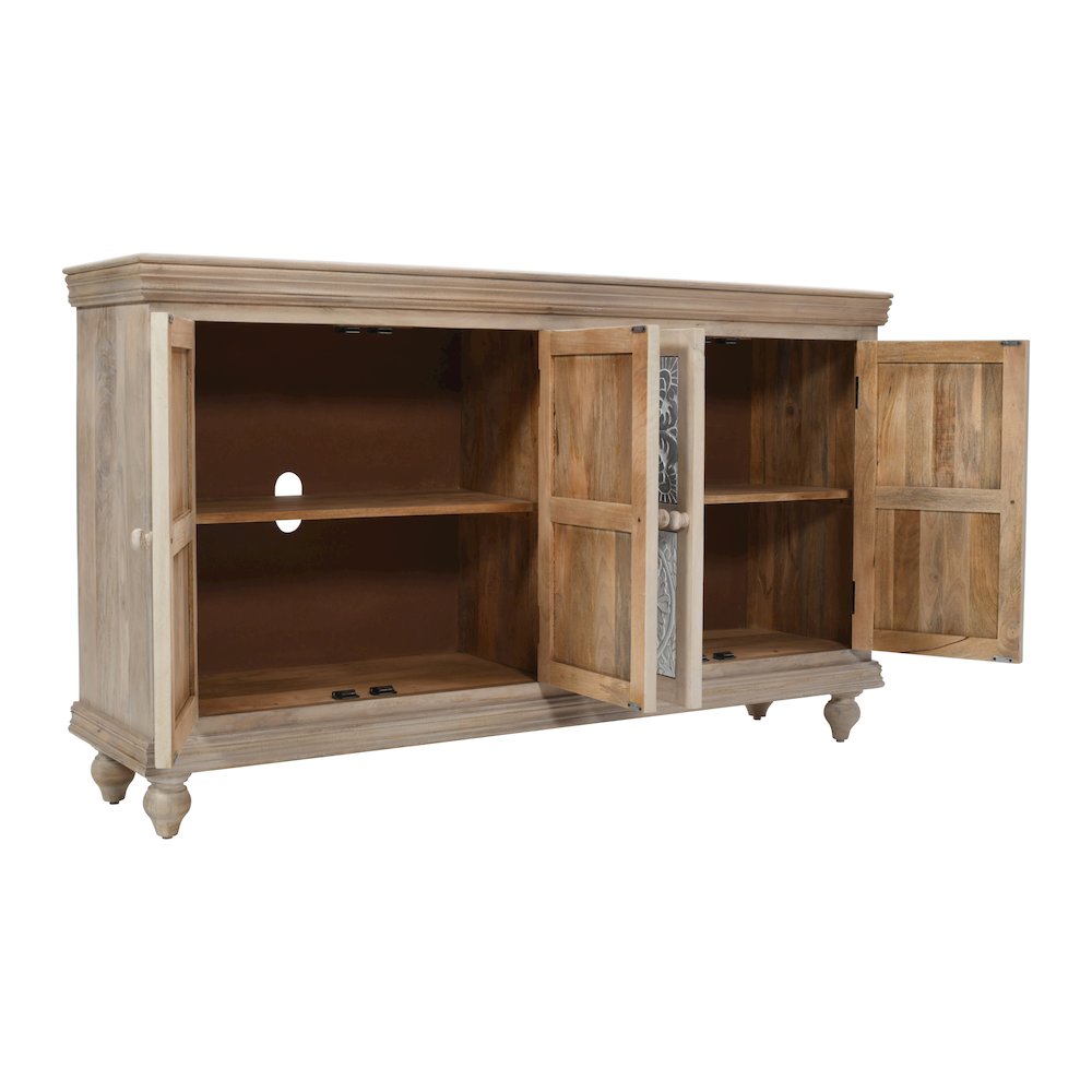 Adele 71" Hand Carved Solid Wood Rustic Four-Door Sideboard Cabinet. Picture 10