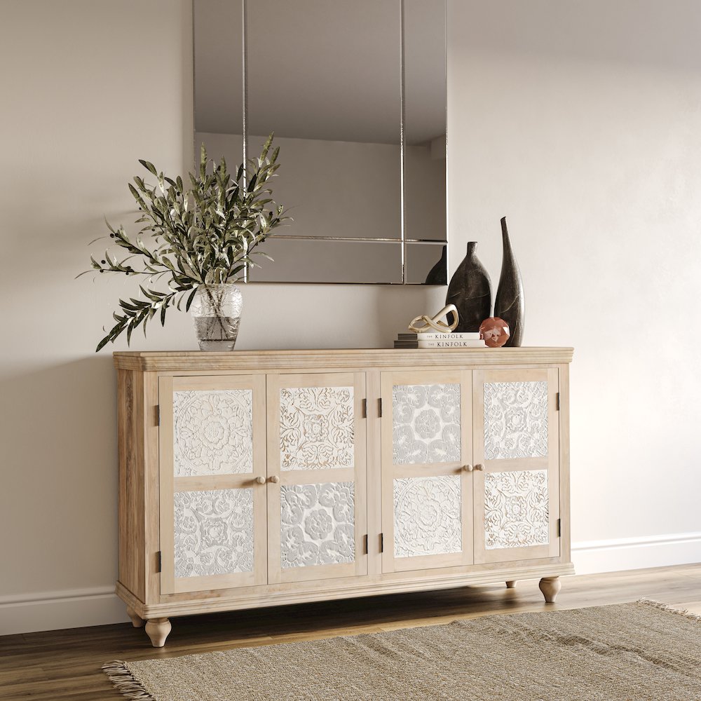 Adele 71" Hand Carved Solid Wood Rustic Four-Door Sideboard Cabinet. Picture 13