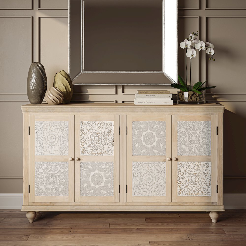 Adele 71" Hand Carved Solid Wood Rustic Four-Door Sideboard Cabinet. Picture 2