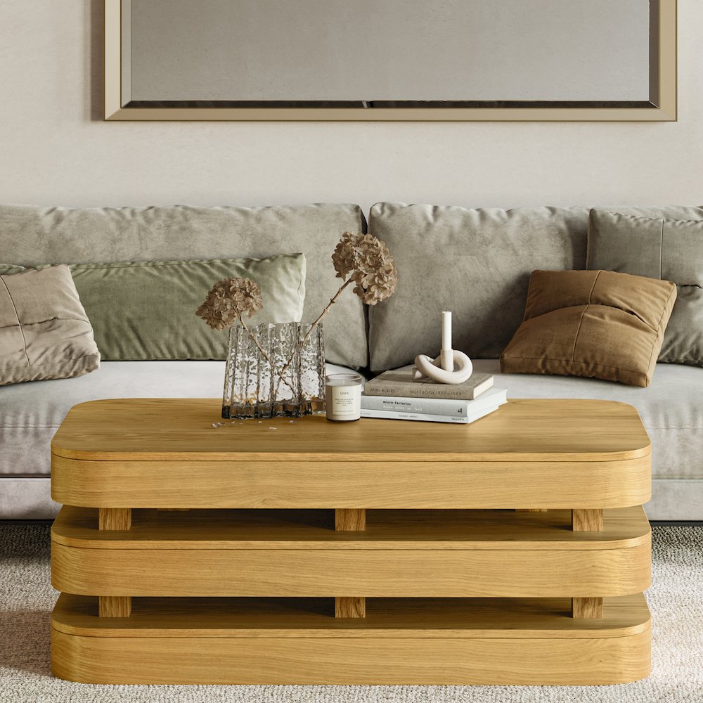Mid-Century Modern Floating Sculpture Layered Coffee Table with Caster Wheels. Picture 7