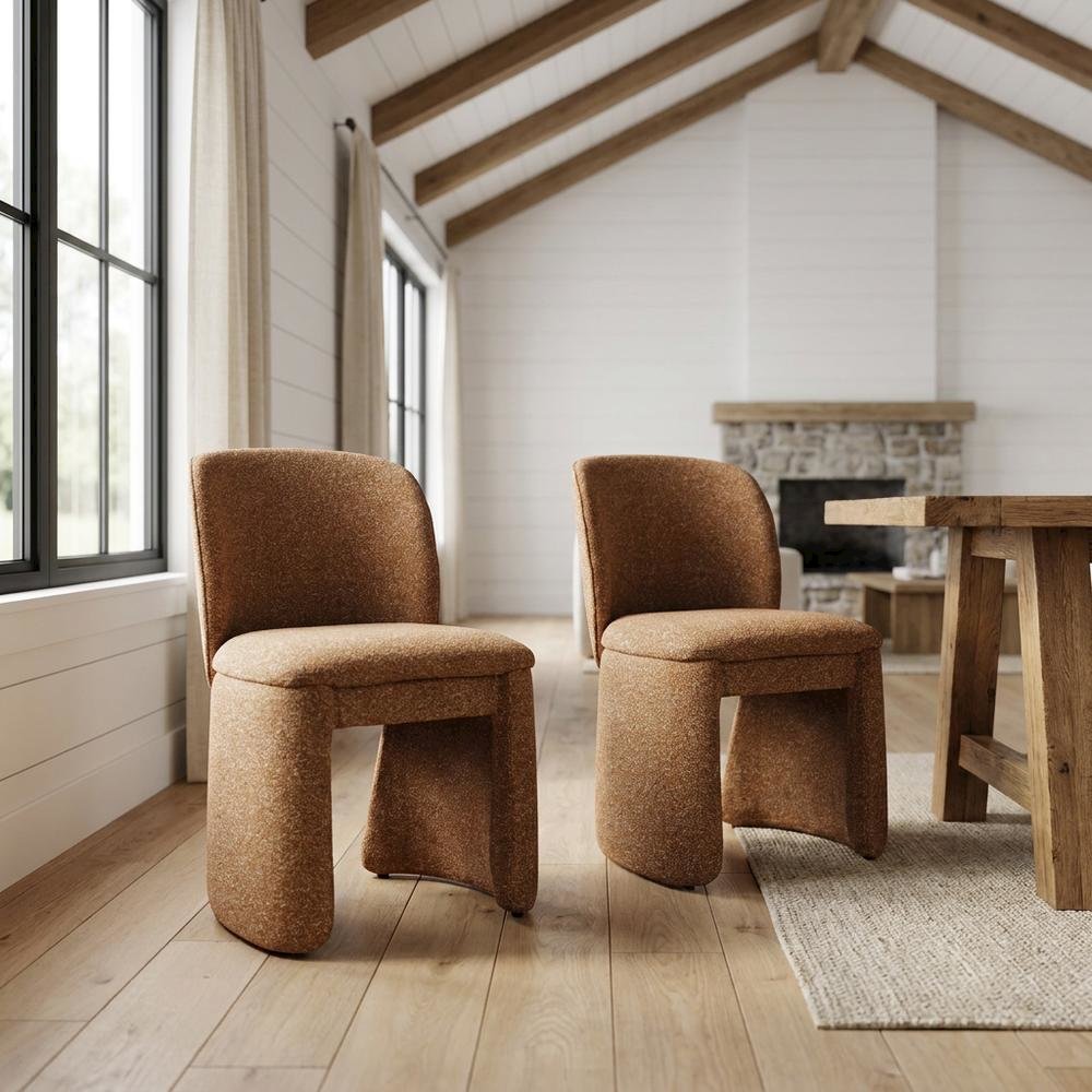 Polyester-Upholstered Mid-Century Modern Curved Dining Chairs, Brick, Set of 2. Picture 3