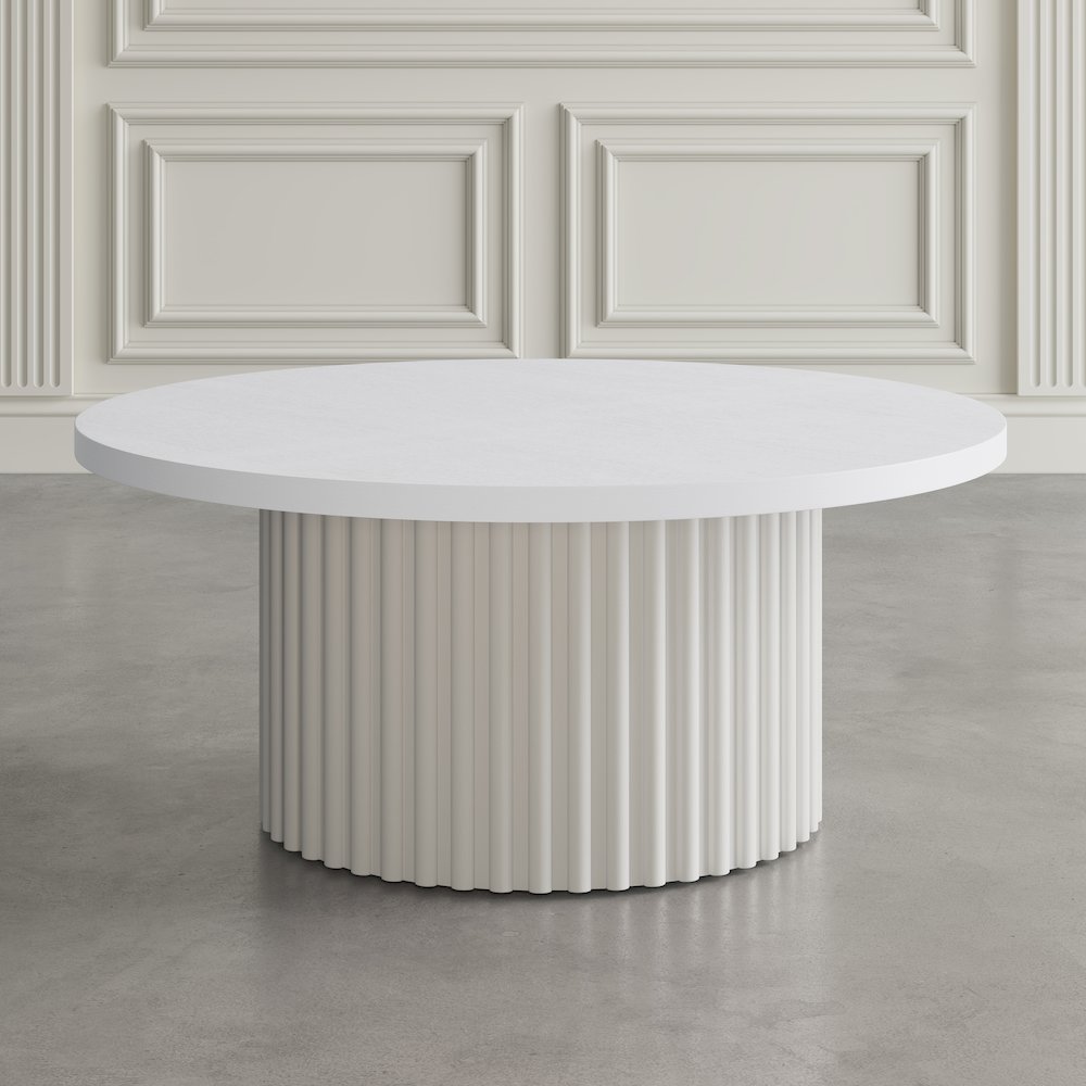40" Round Mid-Century Fluted Pedestal Base Coffee Table with Caster Wheels. Picture 7
