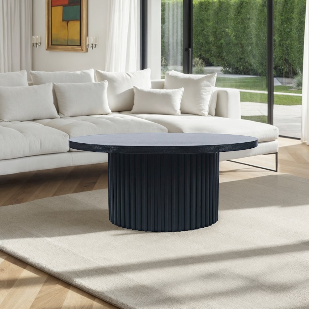 40" Round Mid-Century Fluted Pedestal Base Coffee Table with Caster Wheels. Picture 5
