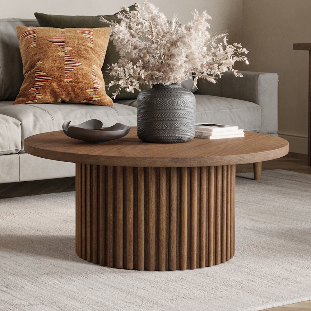 40" Round Mid-Century Modern Fluted Pedestal Base Coffee Table. Picture 8