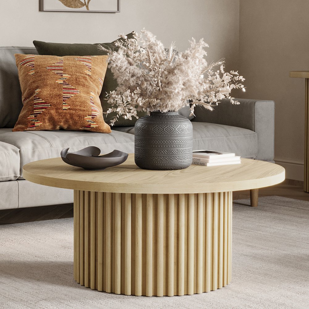 40" Round Mid-Century Modern Fluted Pedestal Base Coffee Table. Picture 8