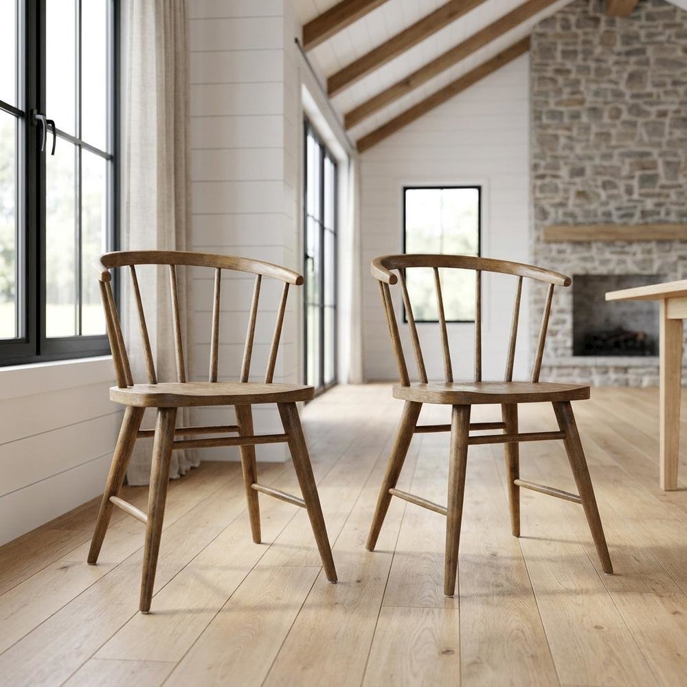 Traditional Solid Wood Curved-Back Spindle Dining Chairs, Chestnut, Set of 2. Picture 2