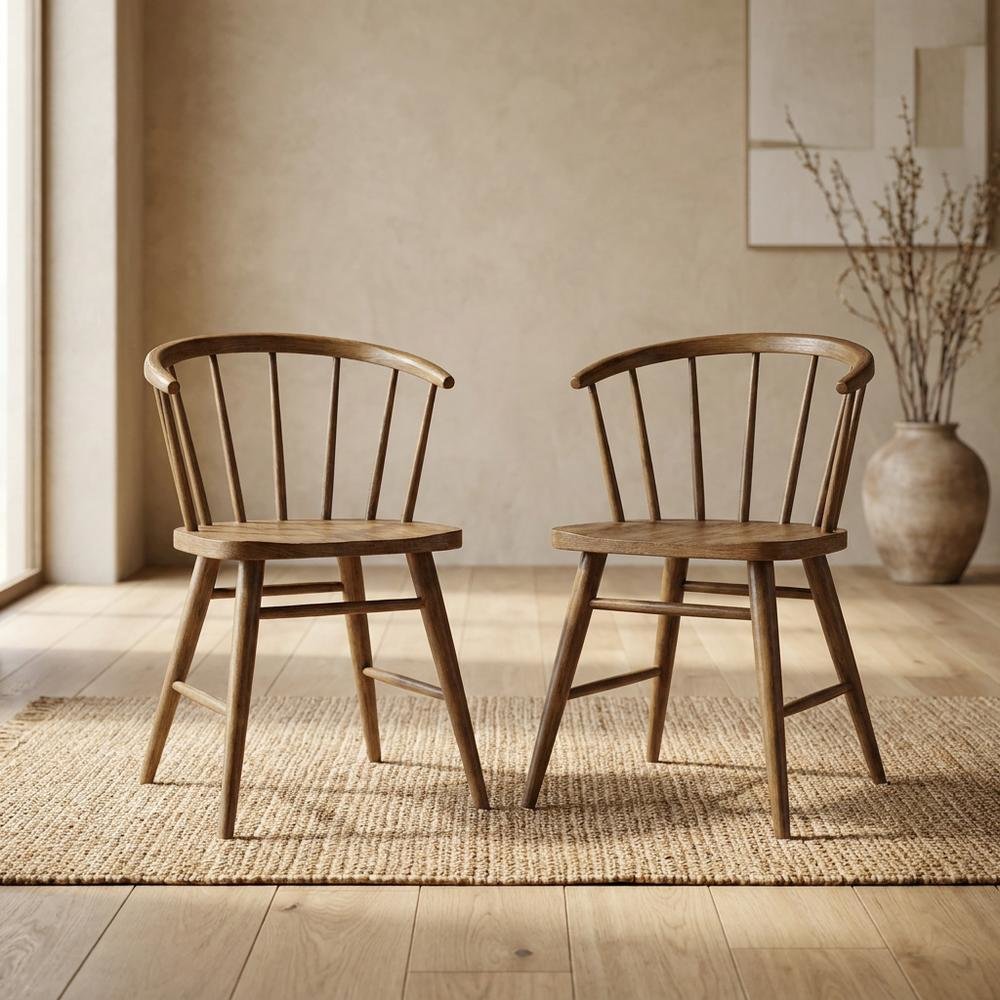 Traditional Solid Wood Curved-Back Spindle Dining Chairs, Chestnut, Set of 2. Picture 3