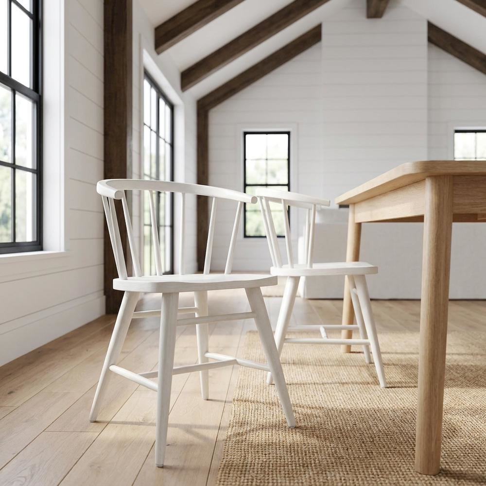 Traditional Solid Wood Curved-Back Spindle Dining Chairs, White, Set of 2. Picture 3
