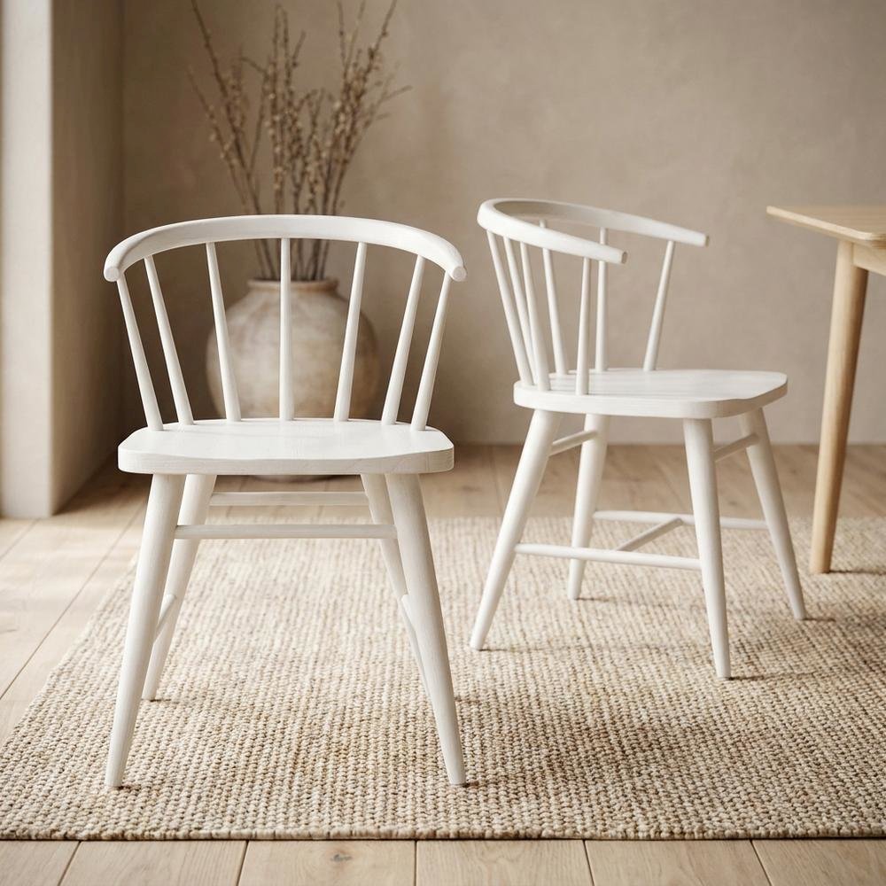 Traditional Solid Wood Curved-Back Spindle Dining Chairs, White, Set of 2. Picture 4