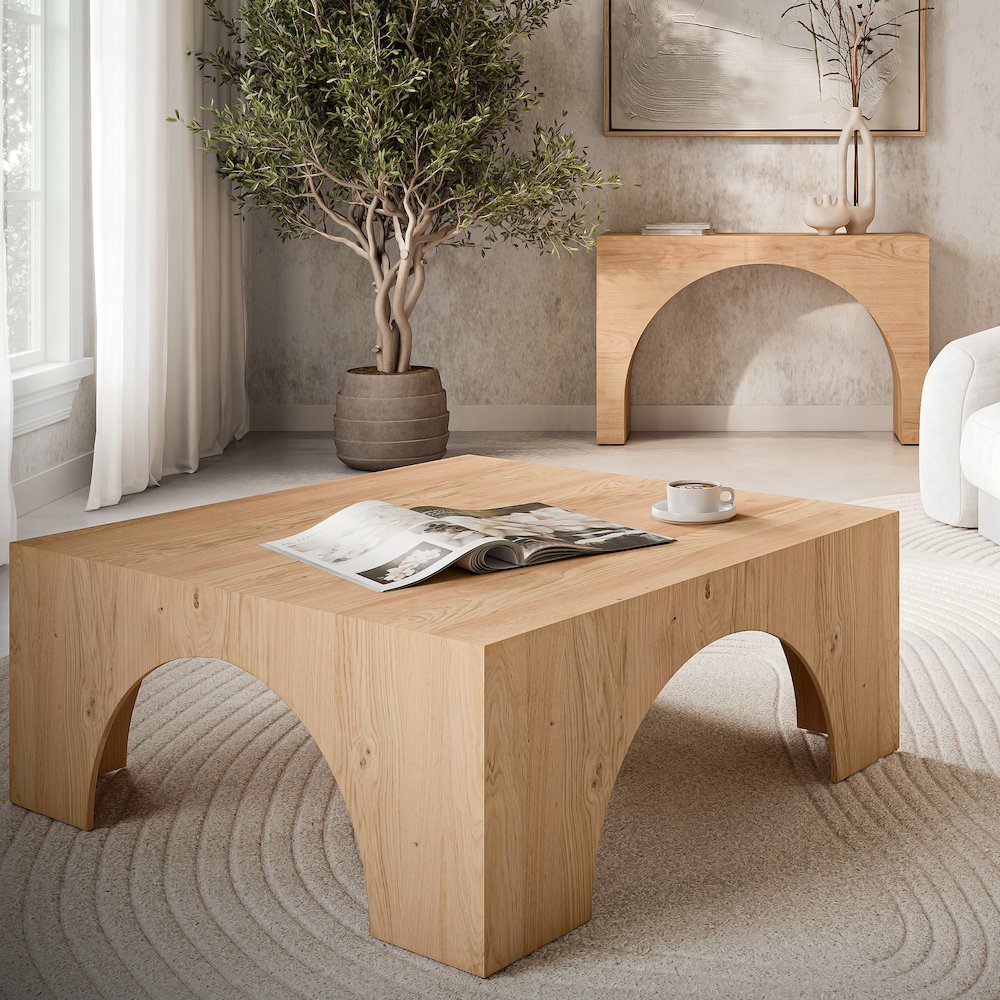 Archimedes 40" Arched Wood Square Modern Rustic Coffee Table. Picture 6