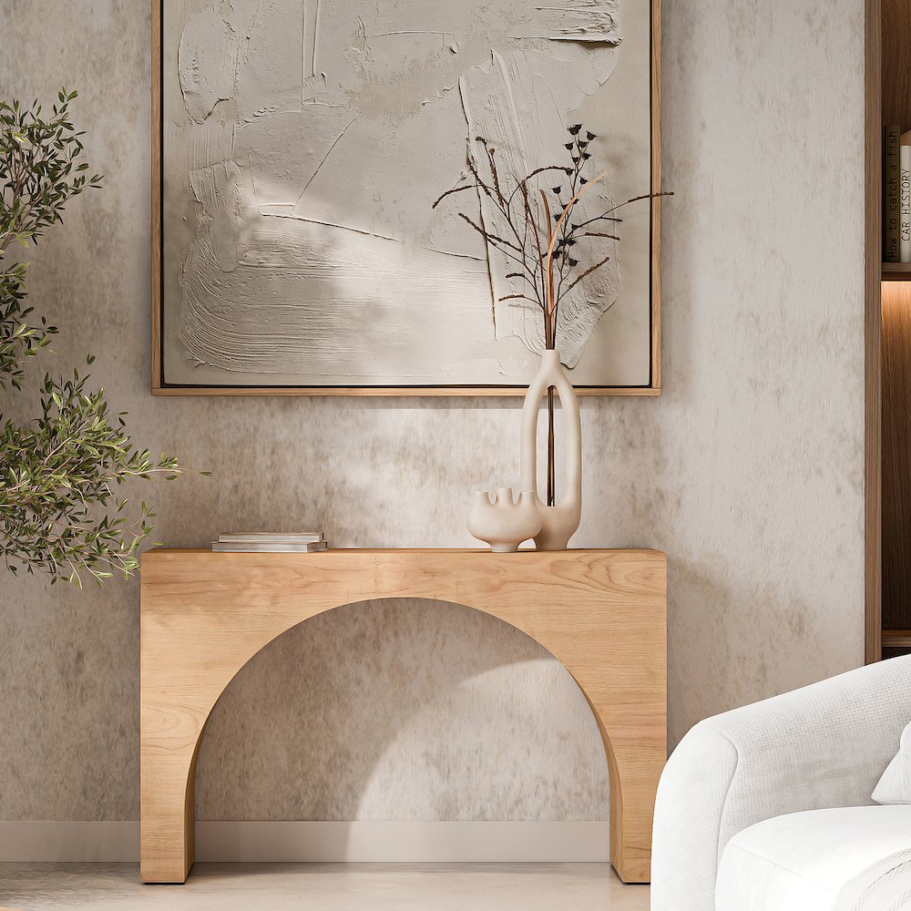 Archimedes 48" Arched Wood Modern Rustic Sofa Console Table. Picture 6