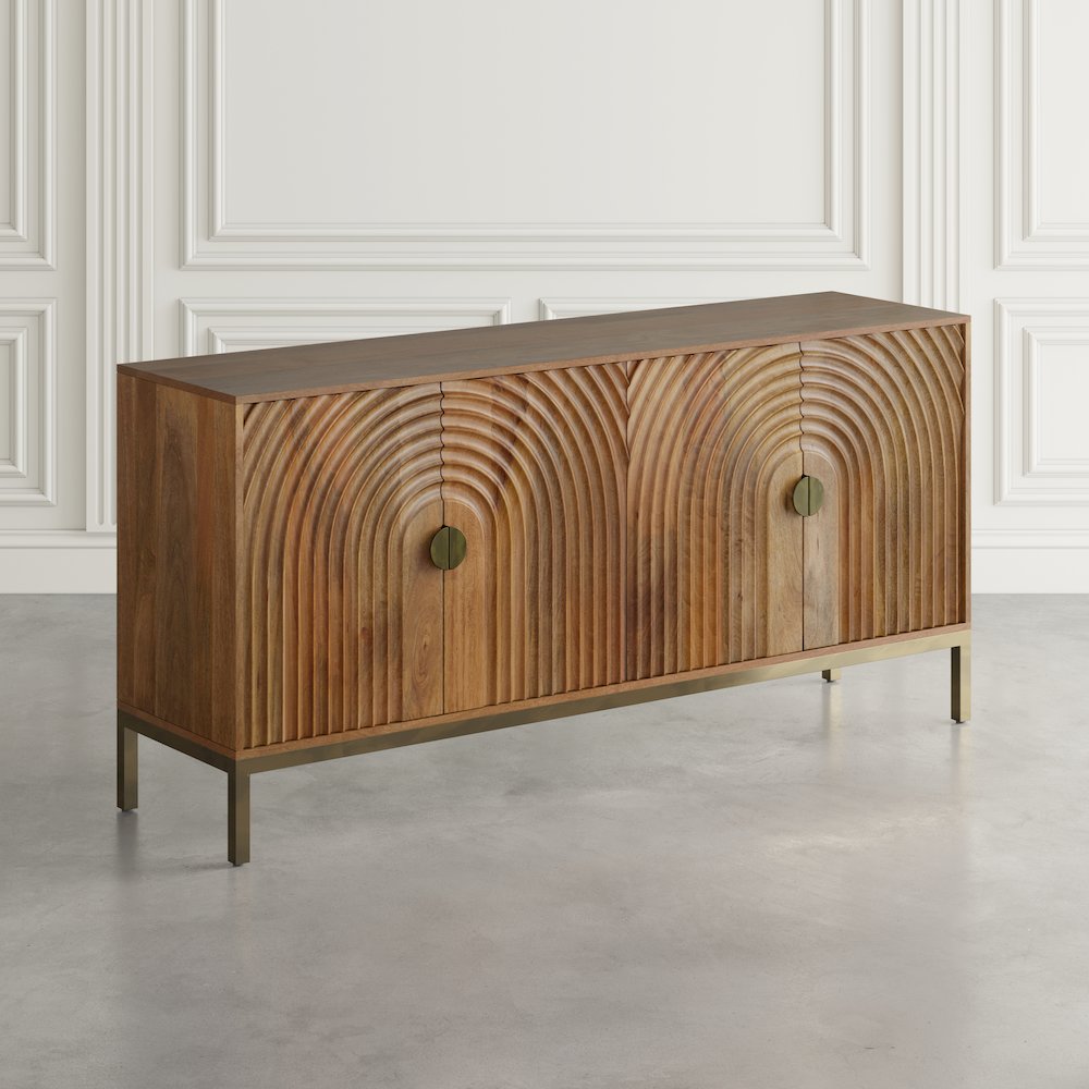 Asher 69" Solid Wood Mid-Century Modern Curved Arch Sideboard Cabinet. Picture 10
