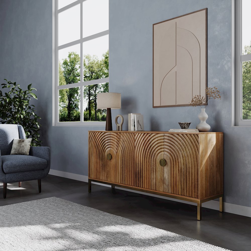 Asher 69" Solid Wood Mid-Century Modern Curved Arch Sideboard Cabinet. Picture 2