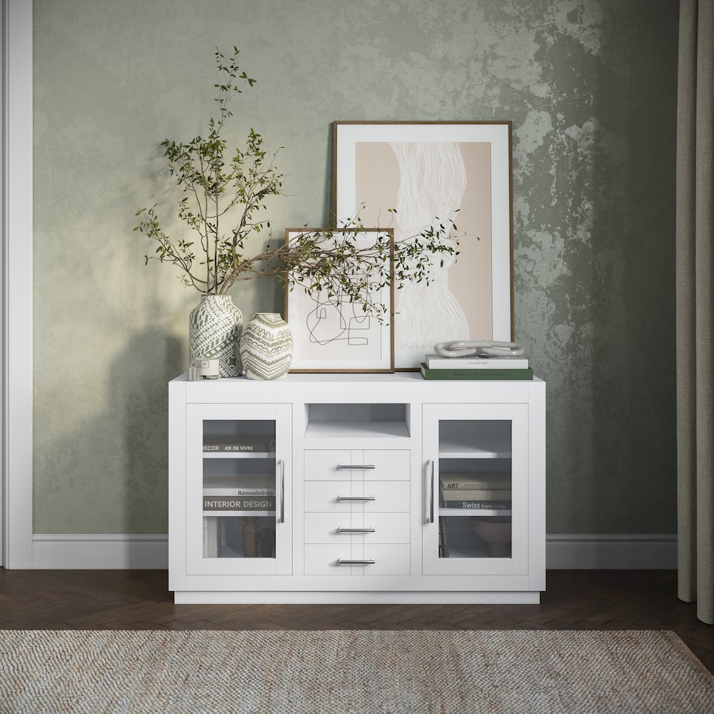 50" Contemporary Media Console with Tempered Glass Doors, Drawers and Shelves. Picture 10
