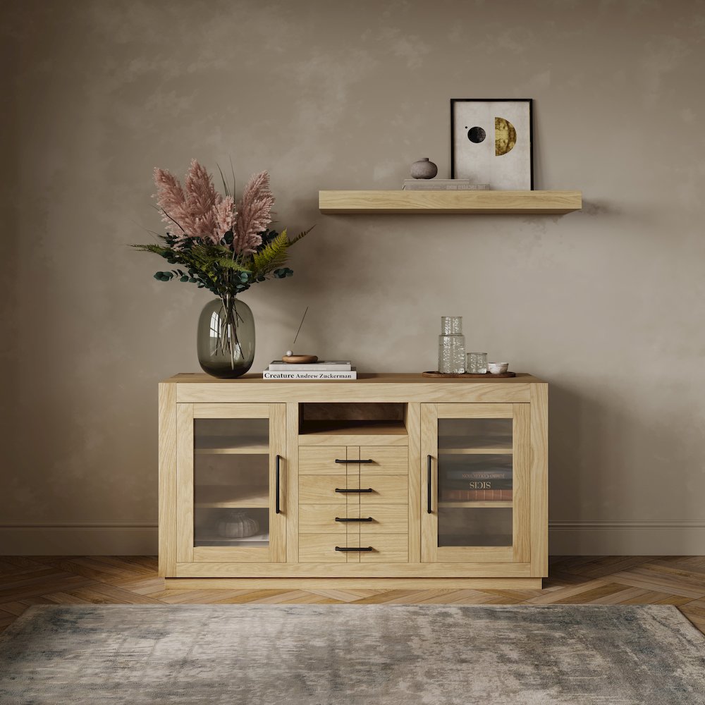 50" Contemporary Media Console with Tempered Glass Doors, Drawers and Shelves. Picture 10