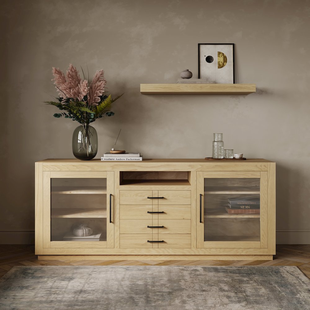 70" Contemporary Media Console with Tempered Glass Doors, Drawers and Shelves. Picture 10