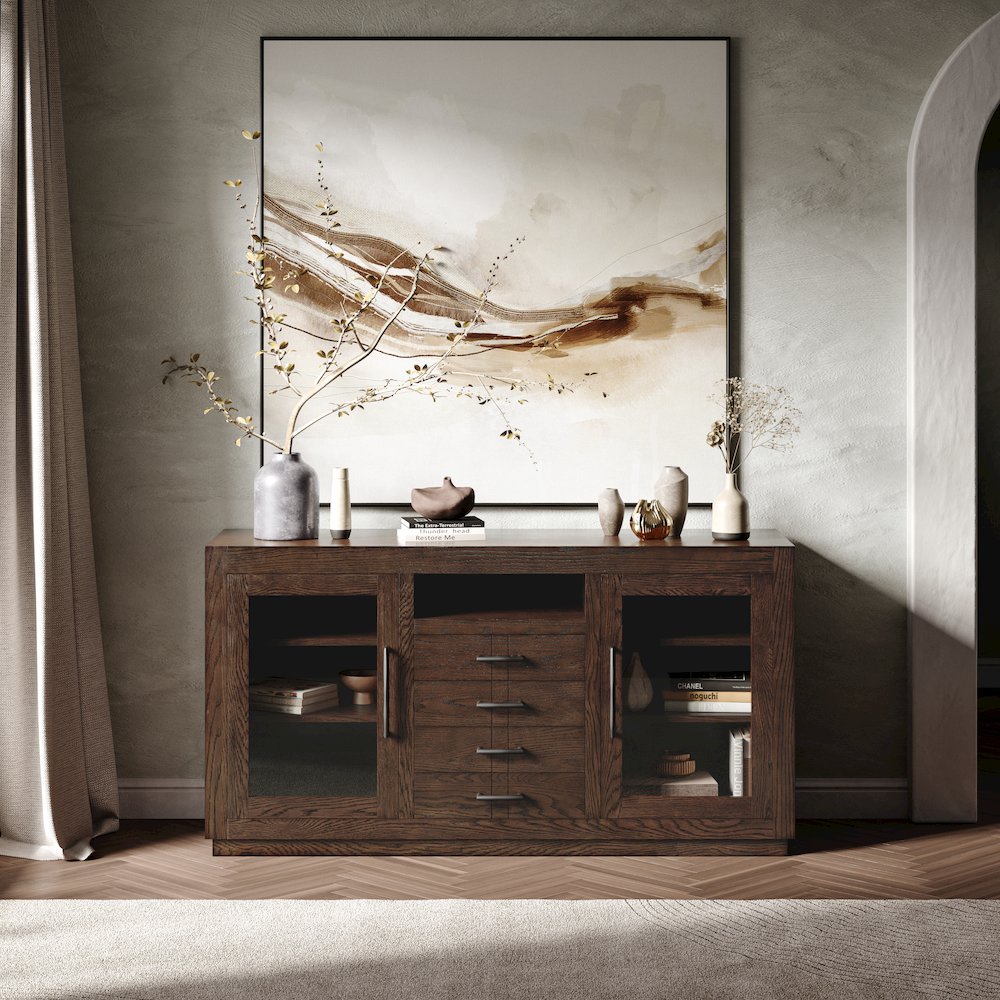 60" Contemporary Media Console with Tempered Glass Doors, Drawers and Shelves. Picture 9
