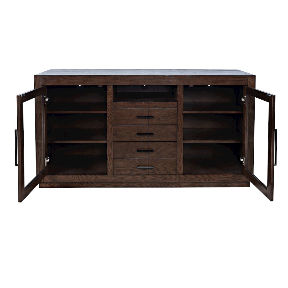 60" Contemporary Media Console with Tempered Glass Doors, Drawers and Shelves. Picture 8