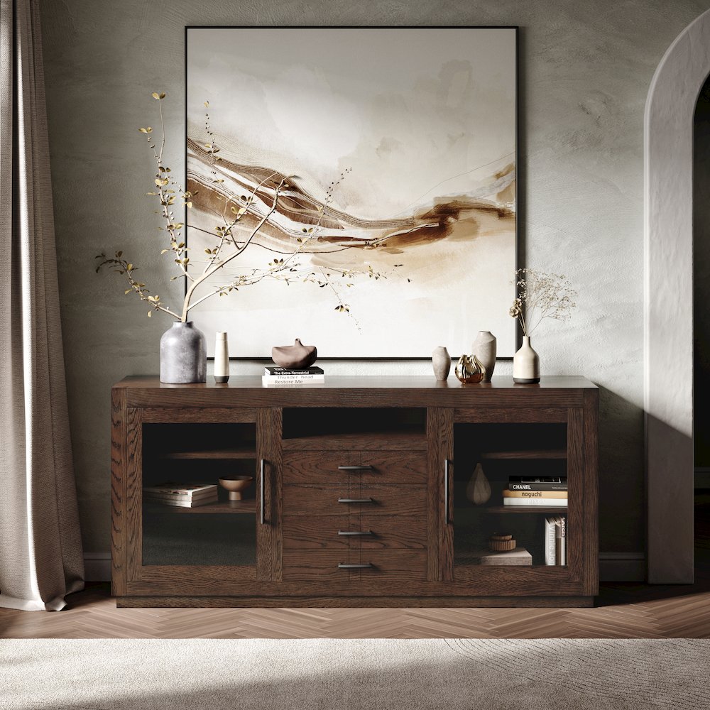70" Contemporary Media Console with Tempered Glass Doors, Drawers and Shelves. Picture 9