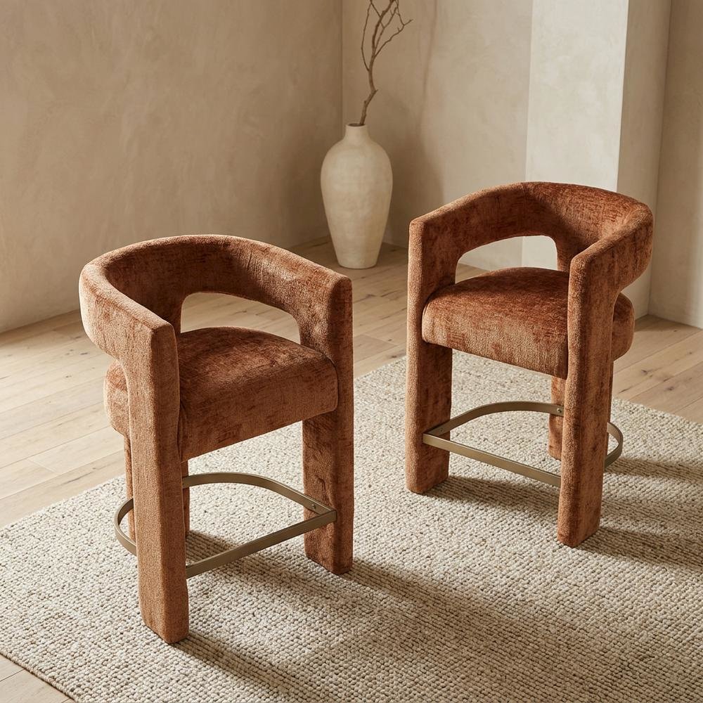 Modern Upholstered Counter Stool, Iron Frame, Rust, Set of 2. Picture 2