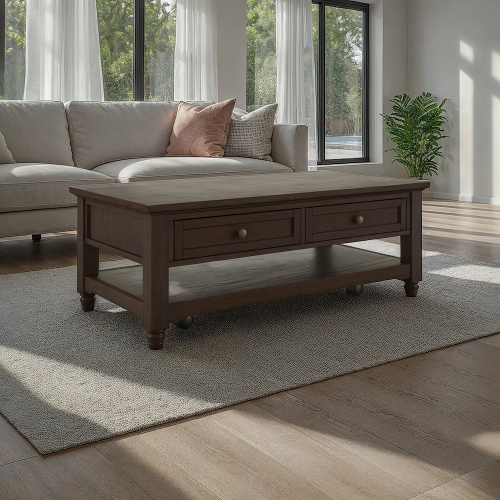 Brentwood Modern Transitional 50" Coffee Table With Storage and Caster Wheels. Picture 6