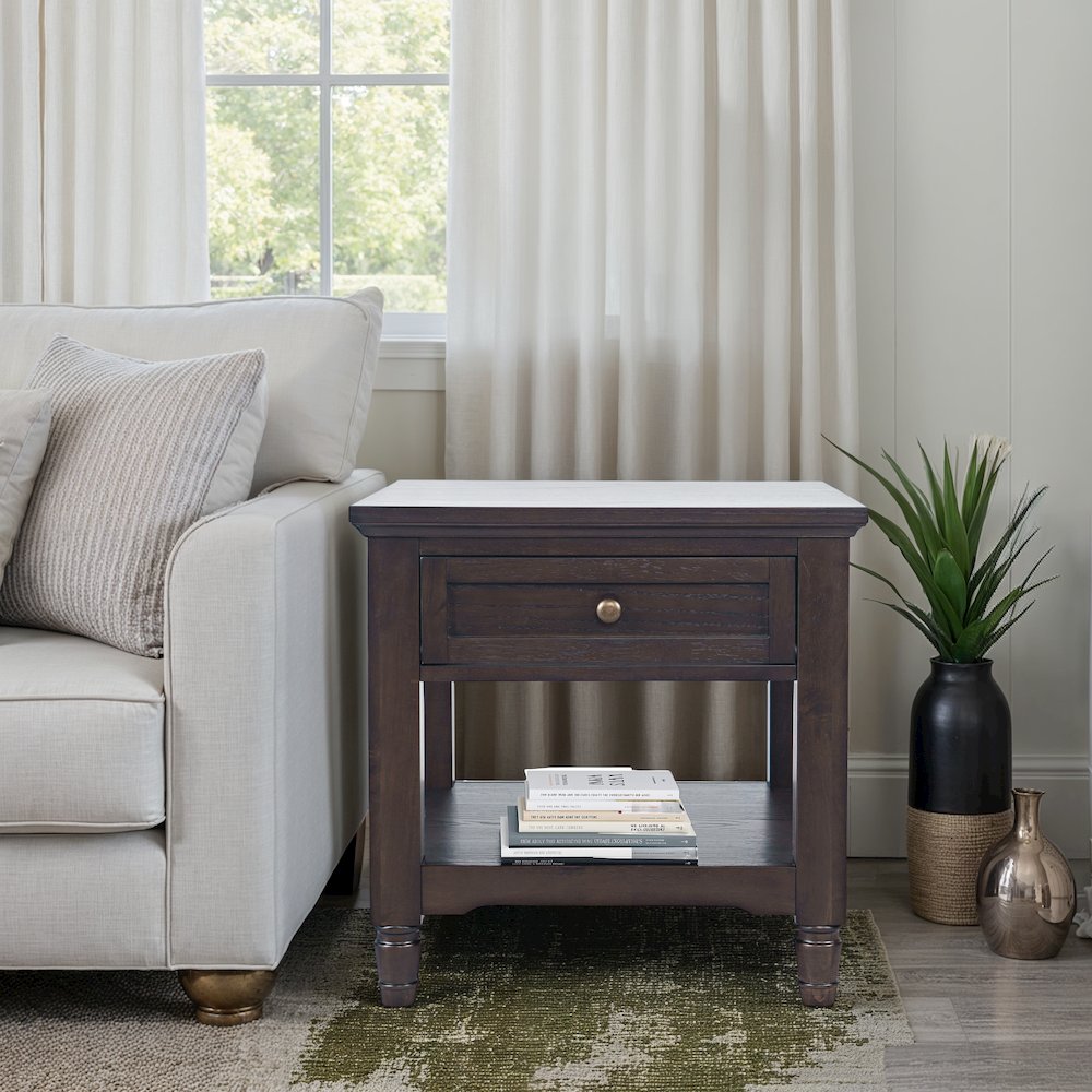Brentwood Modern Transitional 24" Square End Table with Drawer and Storage Shelf. Picture 2