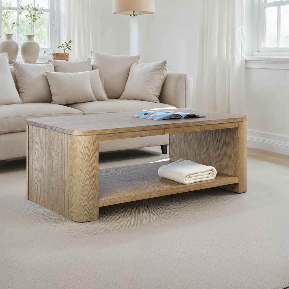 Janzen Contemporary Modern 50" Rolling Coffee Table with Open Storage Shelf. Picture 7