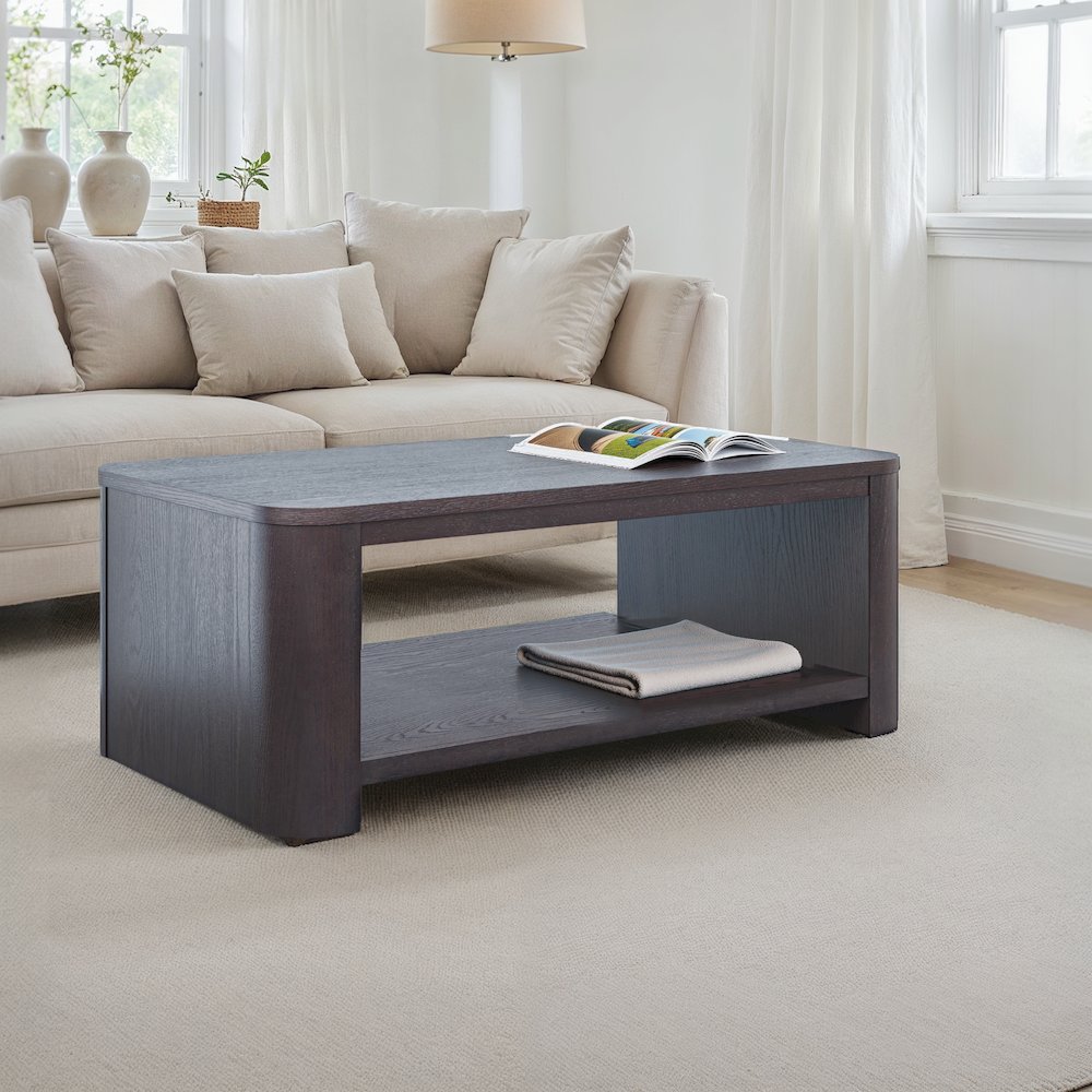 Janzen Contemporary Modern 50" Rolling Coffee Table with Open Storage Shelf. Picture 7