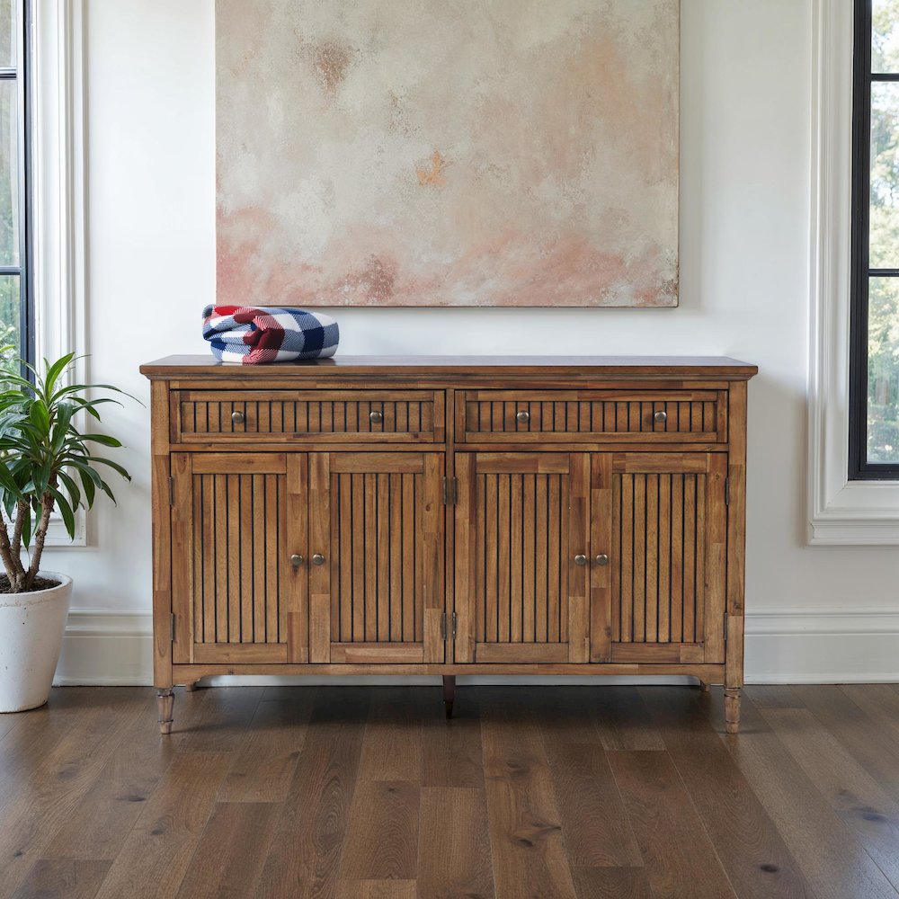 58" Slat Panel Door Sideboard Cabinet - Transitional Storage, Adjustable Shelves. Picture 9