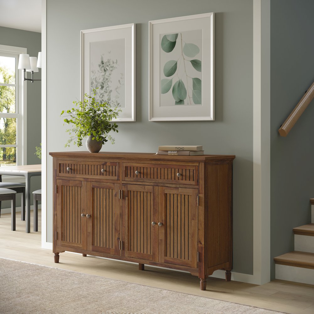 58" Slat Panel Door Sideboard Cabinet - Transitional Storage, Adjustable Shelves. Picture 8