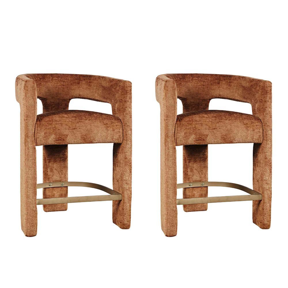 Modern Upholstered Counter Stool, Iron Frame, Rust, Set of 2. Picture 1
