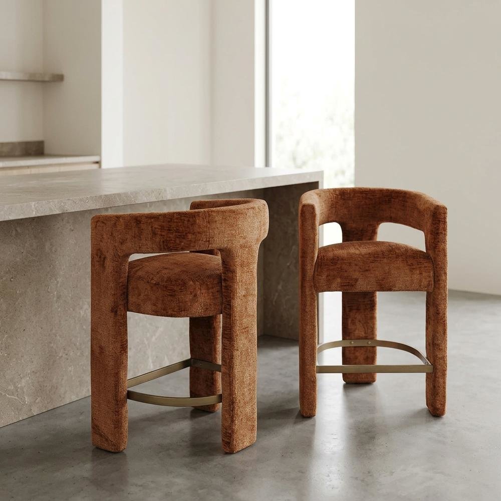 Modern Upholstered Counter Stool, Iron Frame, Rust, Set of 2. Picture 3