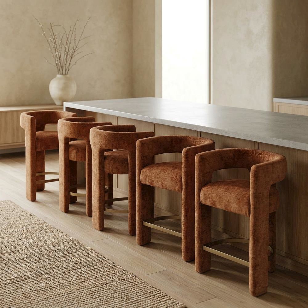 Modern Upholstered Counter Stool, Iron Frame, Rust, Set of 6. Picture 2