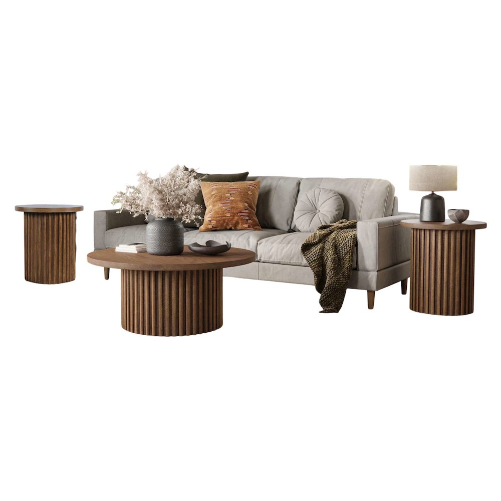 Auden Three Piece Mid-Century Modern Fluted Living Room Coffee and End Table Set. Picture 3
