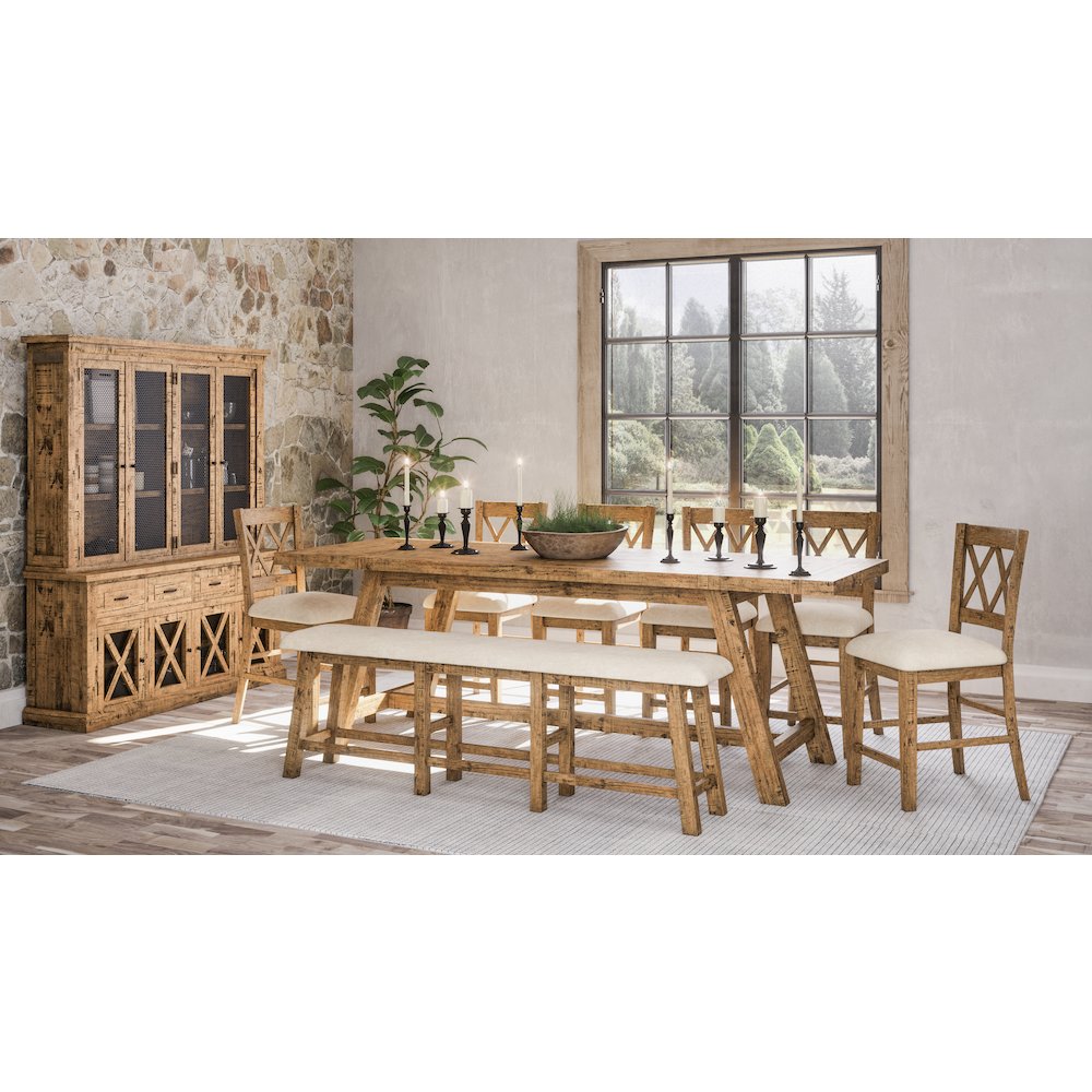 Telluride Rustic Farmhouse Solid Wood Upholstered 85" Counter Height Bench. Picture 2