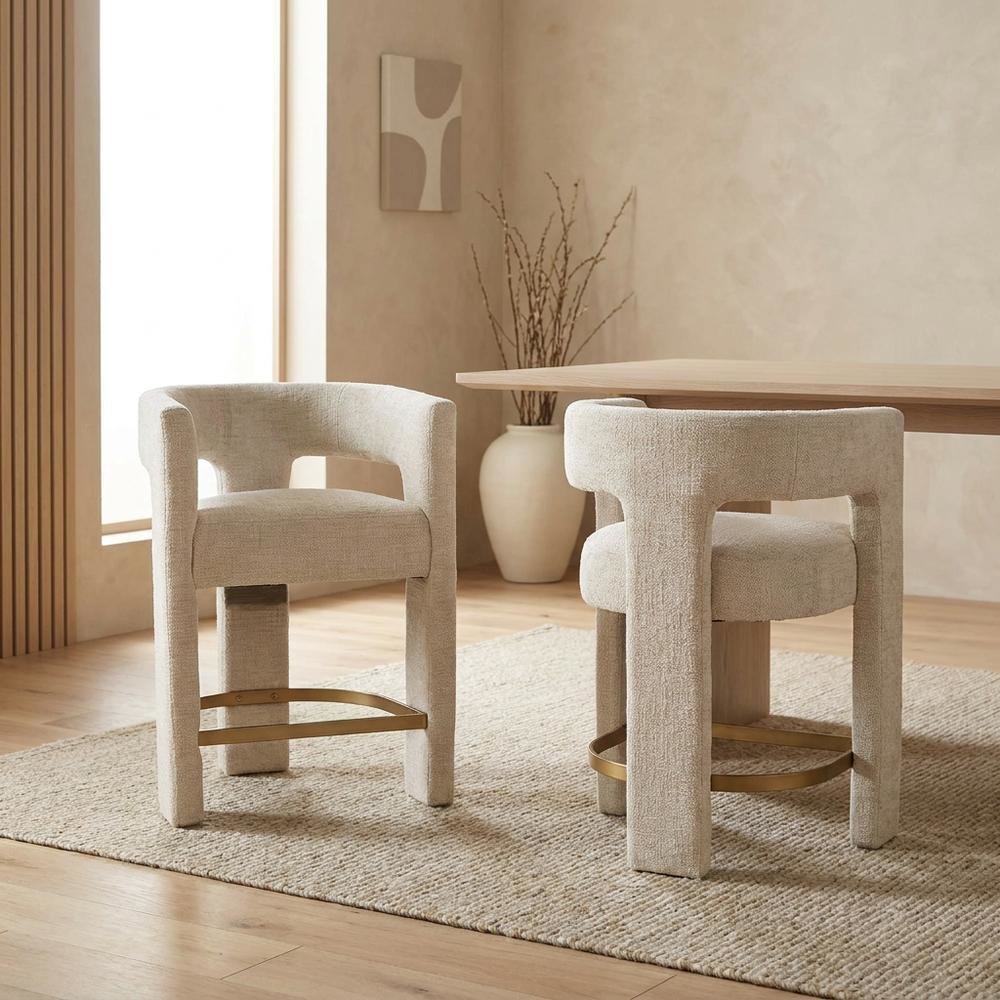 Modern Upholstered Counter Stool, Iron Frame, Natural, Set of 2. Picture 2