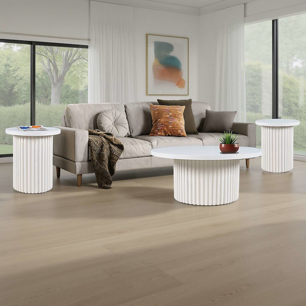 Auden Three Piece Mid-Century Modern Fluted Living Room Coffee and End Table Set. Picture 2