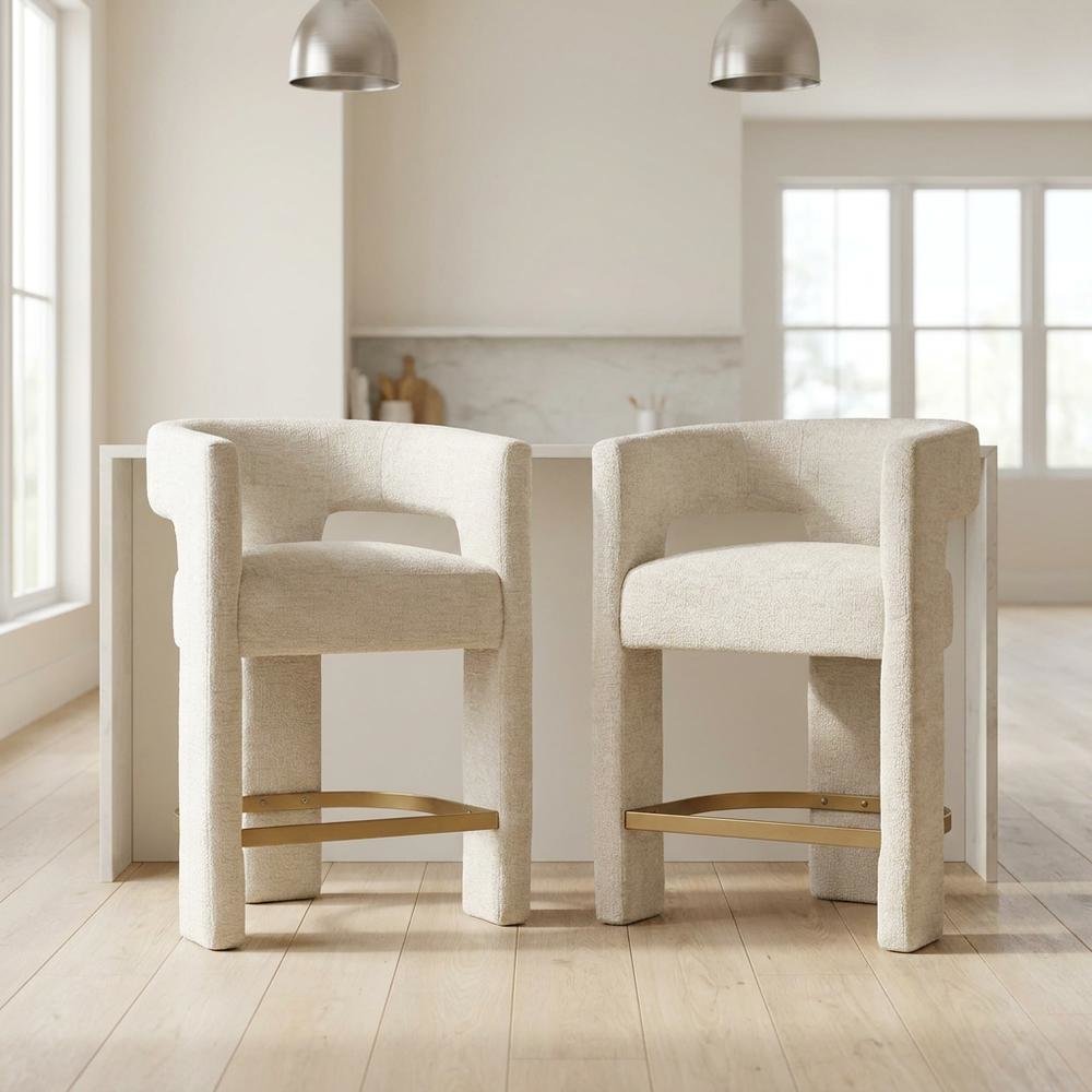 Modern Upholstered Counter Stool, Iron Frame, Natural, Set of 2. Picture 3