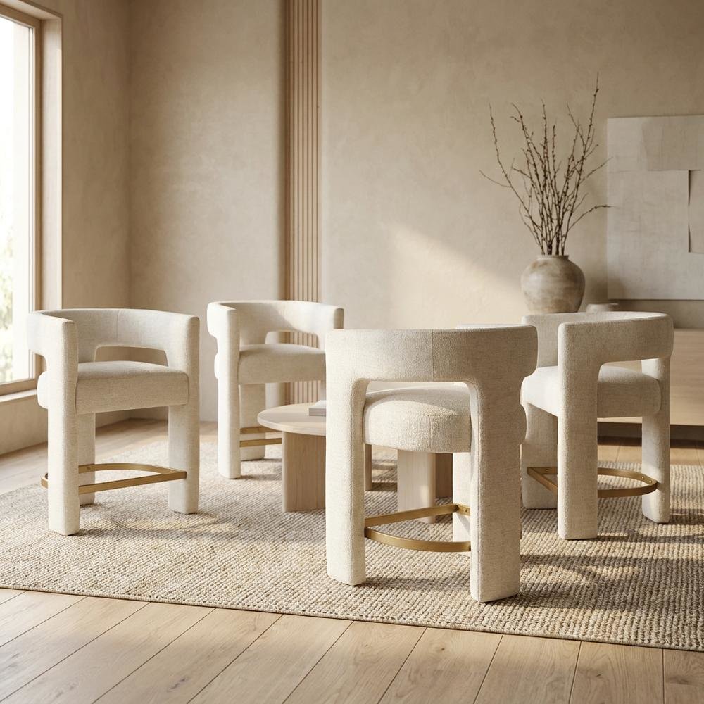 Modern Upholstered Counter Stool, Iron Frame, Natural, Set of 4. Picture 2