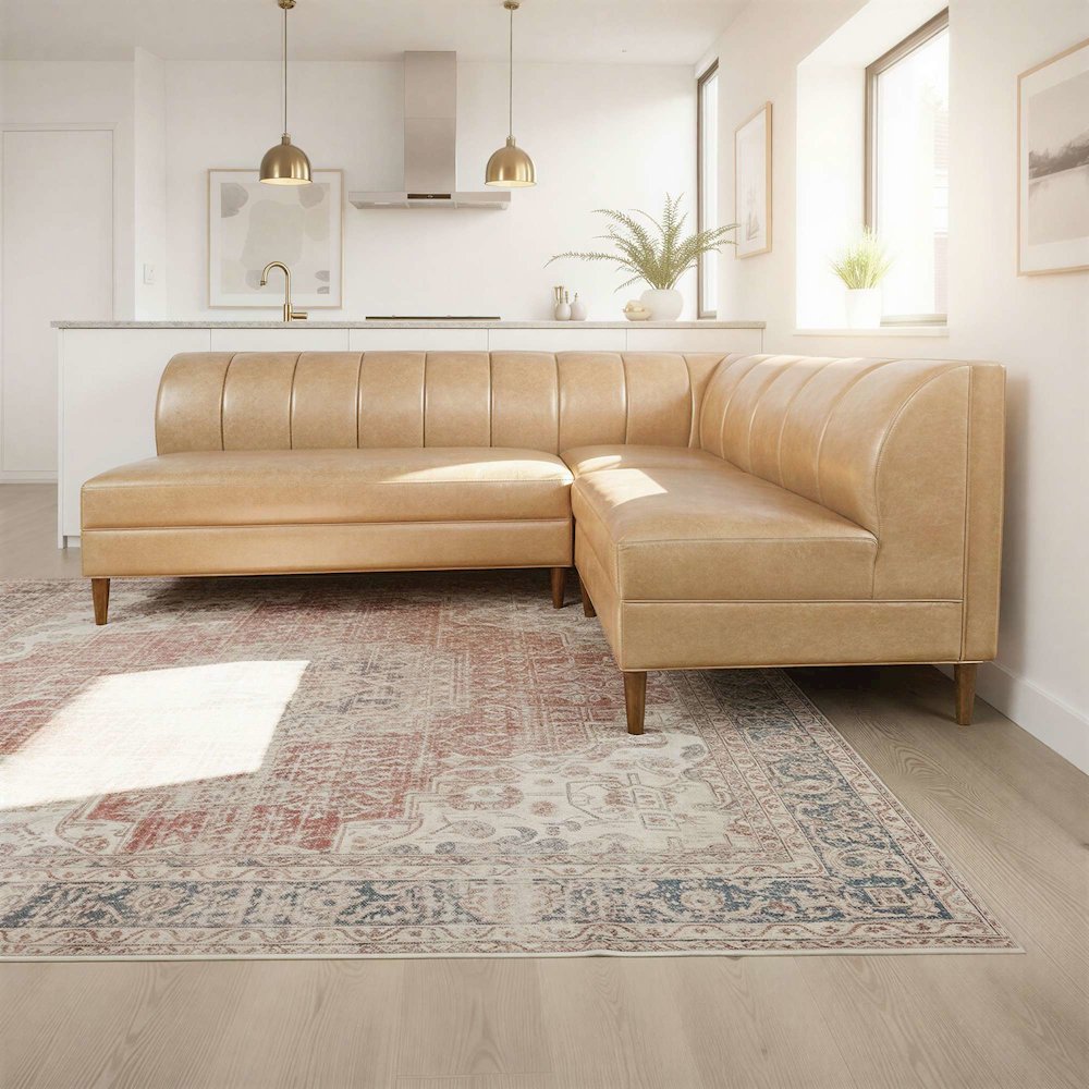 Ruston Modern Banquette Faux Leather Sectional with Four Seats and Corner Wedge. Picture 2