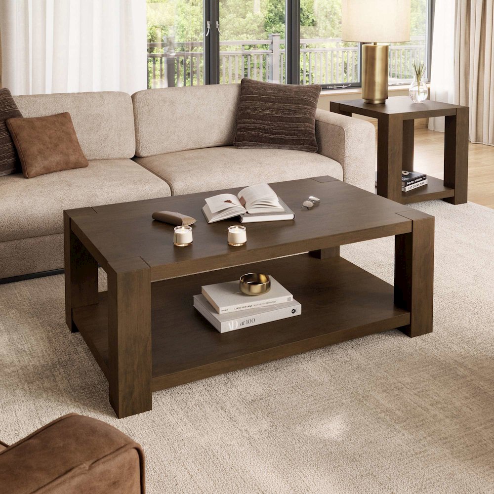 Brownstone 50" Transitional Modern Block-Frame Coffee Table, Storage and Wheels. Picture 2