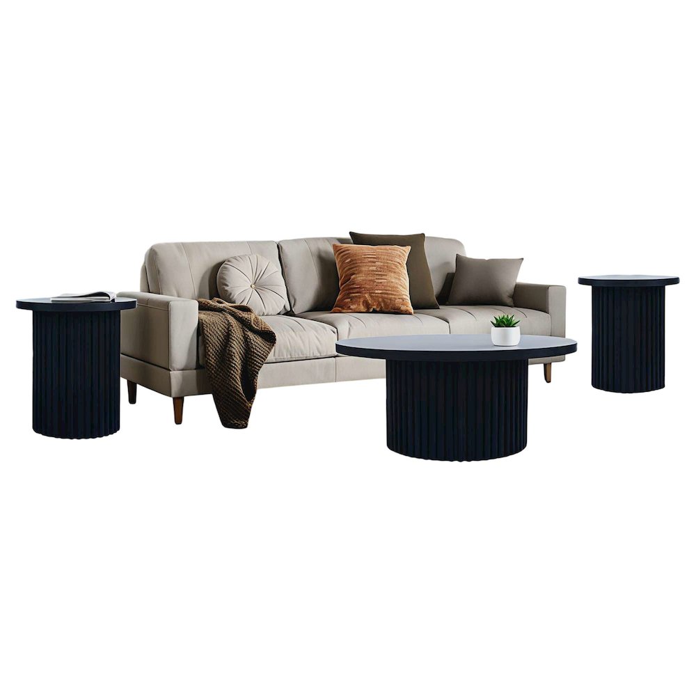 Auden Three Piece Mid-Century Modern Fluted Living Room Coffee and End Table Set. Picture 1
